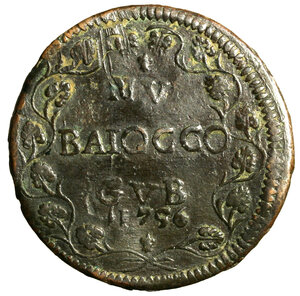 reverse: GUBBIO. Benedetto XIV (1740-1758) Baiocco 1756 (g. 13,89) Stemma R/ VN/ BAIOCCO/ GVB/ 1756 tra tralci di vite. Munt. 479; CNI 199.    CU    RARO    +BB