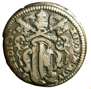 obverse: GUBBIO. Benedetto XIV (1740-1758) Mezzo baiocco 1743/ IV (g. 6,39) Stemma R/ conchiglia / MEZZO / BAIOCCO/ GVBBIO / 1743 in ghirlanda.   CU    RARO    +BB