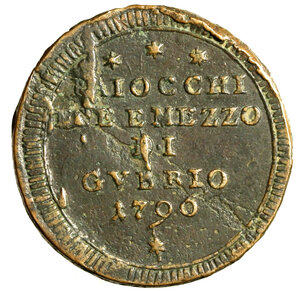 reverse: GUBBIO. Pio VI (1775-1799) Sampietrino da 2 baiocchi e mezzo 1796 (g.16,83) * * * / BAIOCCHI / DVE E MEZZO / DI / GVBBIO / 1796 / *. R/ S P – APOSTOLORUM PRINCEPS, Busto nimbato di S. Pietro a sn. con chiavi nella ds.; nel taglio della spalla, T M (Tommaso Mercandetti incisore). Munt. 352; Berm. 3107; MIR 2945/1.     AE    MOLTO RARO   +BB