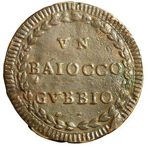 reverse: GUBBIO. Pio VI (1775-1799) Baiocco A/ XX (g. 10,55) Stemma R/ VN / BAIOCCO / GVBBIO in ghirlanda. MIR 2941/6; Munt. 366; Berman 3112.        CU    +BB