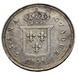 reverse: NAPOLI. Ferdinando II di Borbone (1830-1859). Mezzo carlino da 5 grana 1836. Ag. Gig. 173. SPL+