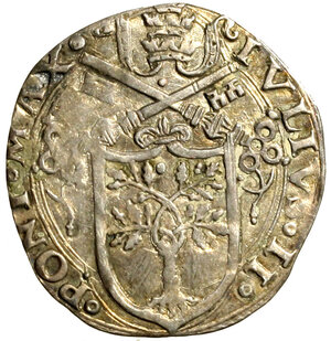 obverse: ROMA. Giulio II (1503-1513) Giulio (g. 3,43) IVLIVS II - PONT MAX. Stemma R/ PASTOR - DOCTOR. I SS. Pietro e Paolo stanti e frontali; in basso, tra loro, segno di Banco Fugger. in esergo, ROMA. CNI 87; Munt. 25.1; Berm 571.    AR    RARO   +BB