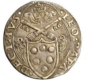 obverse: ROMA. Leone X (1513-1521) Giulio (g. 3,46) Stemma R/ SS. Pietro e Paolo stanti. Munt. 21.   AG    qSPL