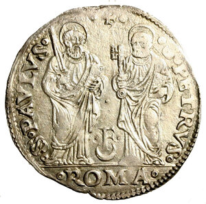 reverse: ROMA. Clemente VII (1523-1534) Giulio (g. 3,73) CLEMENS VII - PONT MAX. Stemma semiovale. R/ S PETRVS - S PAVLVS. I SS. Pietro e Paolo; tra loro, tridente con due globetti (simbolo dello zecchiere); in esergo, ROMA. Munt. 54; Berm. 844; CNI 99; MIR 789,5. Raro. +SPL