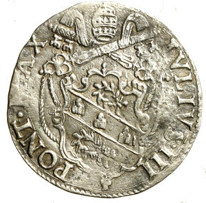 obverse: ROMA. Giulio III (1550-1555) Giulio (g. 2,71) IVLIVS III PONT MAX, Stemma R/ S PETRVS AL ROMA, S. Pietro stante. Munt. 28; CNI 111    AR    +BB