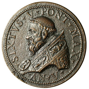 obverse: ROMA. Sisto V (1585-1590) Medaglia A/ V (opus: Nicolò De Bonis) (35 mm. ) Busto a sn. R/ Veduta di Piazza del Popolo con l obelisco. Modesti 864  AE    RARA   SPL