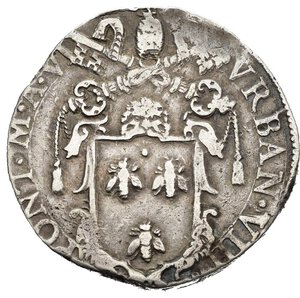 obverse: ROMA. Stato Pontificio. Urbano VIII (1623-1644). Testone A/ VI. D/ Stemma Barberini sormontato da triregno e chiavi decussate. R/ SS. Pietro e Paolo stanti. Ag (9,41 g). MIR 1699/8 Rara. Da montatura. BB