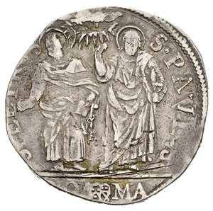 reverse: ROMA. Stato Pontificio. Urbano VIII (1623-1644). Testone A/ VI. D/ Stemma Barberini sormontato da triregno e chiavi decussate. R/ SS. Pietro e Paolo stanti. Ag (9,41 g). MIR 1699/8 Rara. Da montatura. BB