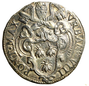 obverse: ROMA. Urbano VIII (1623-1644) Testone 1632 (g. 9,58) Testone anno 1632. VRBANVS VIII – PONT MAX, Stemma R/ S PETRVS ALMA ROMA, S. Pietro, nimbato, seduto a sn.; all esergo, 16 armette Bonanni, Pagliari e Martelli 32. Munt. 50; Berm. 1721; MIR 1705/6.   AR    qFDC