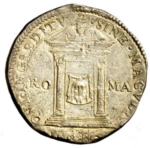 reverse: ROMA. Urbano VIII (1623-1644) Testone del Giubileo 1625 anno II (g. 9,58) VRBANVS VIII – PON MAX A II Stemma R/ QVI INGREDIT – SINE MACVLA La Porta Santa aperta; all interno, il Volto Santo e, ai lati, RO – MA. All esergo, 16 armetta Bonnani, Pagliari e Martelli 25. Munt. 49 var. III; Berm. 1717; MIR 1667/7.    AR    qFDC