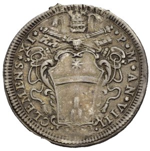 obverse: ROMA. Stato Pontificio. Clemente XI (1700-1721). Testone A DEO ET PRO DEO anno VIII. Ag (8,88 g). D/stemma. R/ la Carità in piedi con fanciulli che svuotano cornucopie piene di monete. MIR 2290 RR. Da montatura. BB+