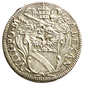 obverse: ROMA. Alessandro VIII (1689-1691) Grosso 1690 (g. 1,54). Stemma R/ Busto di S. Pietro a sn.; all esergo 1690.    AR     RARO  FDC