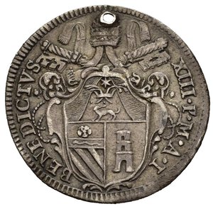 obverse: ROMA. Stato Pontificio. Benedetto XIII (1724-1730). Giulio del Giubileo 1725. Ag (2,92 g). D/ Stemma Orsini. R/ Porta Santa aperta. MIR 2438. RR. Forellino. BB+