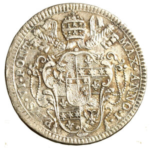 obverse: ROMA. Pio VI (1775-1799) Doppio giulio 1775/ I. (g. 5,21) PIVS VI PONT - MAX ANNO I. Stemma R/ AVXILIVM DE - SA - NCTO - 1775. La Religione su nubi con chiavi nella ds. e tempio nella sn. Munt. 36; B. 2964.     AR    RARO   qSPL