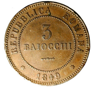 reverse: ROMA. II Repubblica Romana (1848-1849) 3 Baiocchi 1849 (g. 25, 75) Aquila ad ali aperte su fascio in corona R/ 3/ BAIOCCHI. Pag. 343, Munt. 5.  CU   RARO   SPL