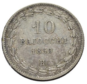 reverse: Roma. Stato Pontificio. Pio IX (1846-1870). 10 Baiocchi 1859 R. Ag (2,86 g). Gig. 128. Raro. SPL