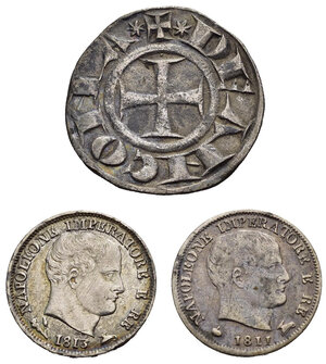 obverse: Zecche Italiane. Lotto di 3 monete. Ag. Napoleone I re d Italia 5 soldi 1813 Bologna (Raro); 5 soldi 1811 M; Ancona grosso Agontano. BB-SPL