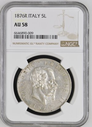 obverse: Regno d Italia. Vittorio Emanuele II. 5 lire 1876 R. Roma. Ag. In slab NGC - AU 58