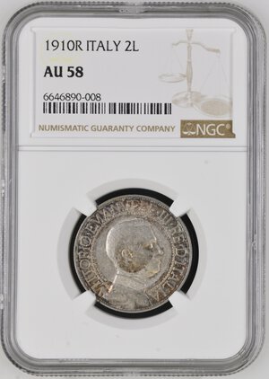 obverse: Regno d Italia. Vittorio Emanuele III (1900-1943). 2 lire 1910. Ag. Gig.97. Rara. In slab NGC - AU58