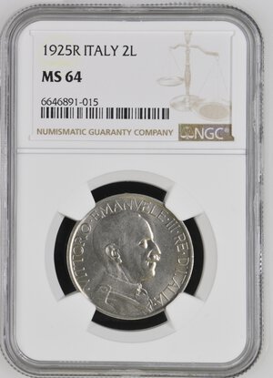 obverse: Regno d Italia. Vittorio Emanuele III (1900-1943). Buono da 2 lire 1925. Ag. In slab NGC - MS 64