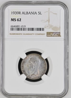 obverse: Regno d Italia. Vittorio Emanuele III (1900-1943). Albania colonia italiana. 5 lek 1939. Ag. Gig.2.  In slab NGC - MS62