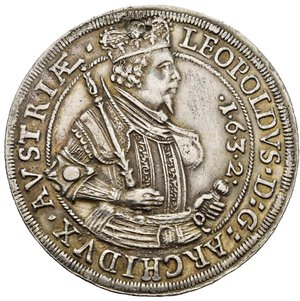 obverse: AUSTRIA. HOLY ROMAN EMPIRE. Leopoldo V (Arciduca, 1619-1632). Taler (1632). Hall. Davenport 3338; KM#629.2. foro otturato. BB