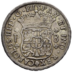 obverse: GUATEMALA. Carlo III di Spagna (1759-1788). 8 reales 1768 G P. Ag. KM#27.1. Molto Rara. BB