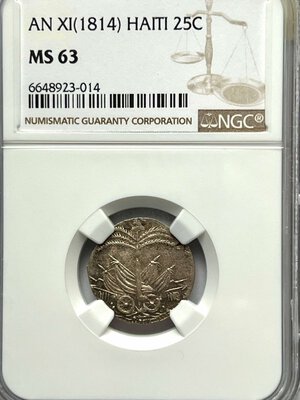 obverse: HAITI. 25 Centimes An XI (1814). IN SLAB NGC - MS 63