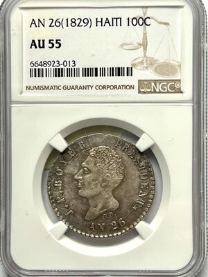 obverse: HAITI. 100 Centimes An 26 (1829). IN SLAB NGC - AU 55