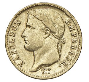 obverse:  NAPOLEONE I  (1804-1814)  20 Franchi 1813  CL, Genova   Pagani 23   Mont. 26   Gig. 19   Au   6,43 g   21 mm   RRR   • Ex Varesi 62/1004   BB+  