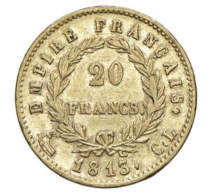 reverse:  NAPOLEONE I  (1804-1814)  20 Franchi 1813  CL, Genova   Pagani 23   Mont. 26   Gig. 19   Au   6,43 g   21 mm   RRR   • Ex Varesi 62/1004   BB+  