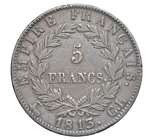 reverse:  NAPOLEONE I  (1804-1814)  5 Franchi 1813  CL, Genova   Pagani 25   Mont. 105   Gig. 32   Ag   24,84 g   37,2 mm   RRR   • Ex Varesi 63/633; patinata   BB  