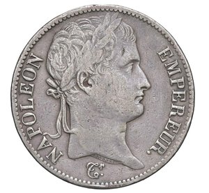 obverse:  NAPOLEONE I  (1804-1814)  5 Franchi 1813  R coronata, Roma   Pagani 96   Mont. 78   Gig. 33   Ag   24,60 g   37,1 mm   RRR   q.BB  