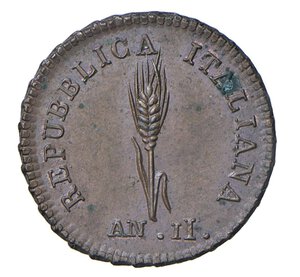 obverse:  REPUBBLICA ITALIANA  (1802-1805)  Denaro A II (1803)  M, Milano   Crippa 12   Cu   1,56 g   17 mm   • Ex Artemide XXIX/647   q.FDC  