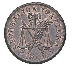 obverse:  REPUBBLICA ITALIANA  (1802-1805)  Soldo da 10 Denari 1804 A. III  M, Milano   Crippa 19   Pagani Prove 461   Cu   10,21 g   25,5 mm   R   • Ex Artemide XXVIII/1581   q.FDC  