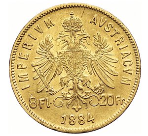 reverse: AUSTRIA - FRANCESCO GIUSEPPE I  (1848-1916)  8 Fiorini o 20 Franchi 1884, Vienna   Varesi 210   Fr. 502   Au   6,41 g   21,2 mm   SPL  