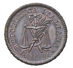 obverse:  REPUBBLICA ITALIANA  (1802-1805)  1 Centesimo 1804 A. III  M, Milano   Crippa 23   Cu   2,22 g   17,9 mm   R   • Ex Nomisma 47/1072   FDC  