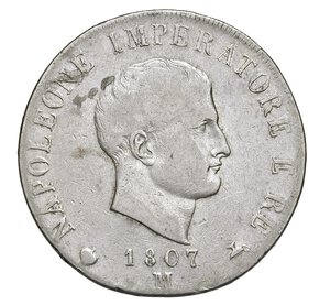 obverse:  NAPOLEONE I  (1804-1814)  5 Lire 1807 cifre spaziate, M, Milano   Pagani 25   Mont. 217   Gig. 94a   Ag   24,85 g   36,9 mm   RR   MB/BB  