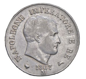 obverse:  NAPOLEONE I  (1804-1814)  2 Lire 1807 I tipo, M, Milano   Pagani 33   Mont. 233   Gig. 125   Ag   9,98 g   28,2 mm   R   BB+  