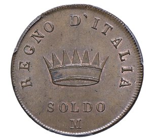 reverse:  NAPOLEONE I  (1804-1814)  Soldo 1807  M, Milano   Pagani 72   Mont. 295   Gig. 204   Cu   10,95 g circa   27,5 mm circa   RR   • In slab PCGS MS64 BN   FDC  