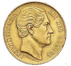 obverse: BELGIO - LEOPOLDO I  (1831-1865)  20 Franchi 1865, Bruxelles   Varesi 224   Fr. 411   Au   6,44 g   21,4 mm   q.SPL  