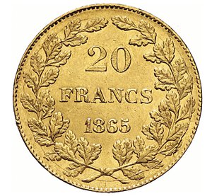 reverse: BELGIO - LEOPOLDO I  (1831-1865)  20 Franchi 1865, Bruxelles   Varesi 224   Fr. 411   Au   6,44 g   21,4 mm   q.SPL  