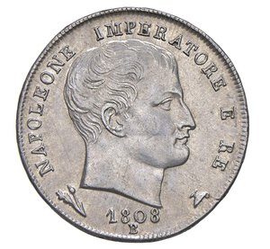 obverse:  NAPOLEONE I  (1804-1814)  1 Lira 1808 cifre grandi, B, Bologna   Pagani 56a   Mont. 94   Gig. 148a   Ag   5,00 g   23,5 mm   • Ex Artemide XXXIV/219   q.SPL/SPL  