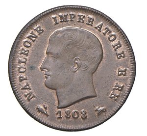 obverse:  NAPOLEONE I  (1804-1814)  3 Centesimi 1808  B, Bologna   Pagani 69   Mont. 114   Gig. 219   Cu   6,20 g   23,9 mm   SPL÷FDC  