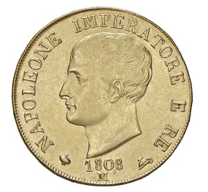 obverse:  NAPOLEONE I  (1804-1814)  40 Lire 1808 D ITALIA con apostrofo lineare, M, Milano   Pagani 10   Mont. 192   Gig. 72   Au   12,89 g   26,3 mm   q.SPL  