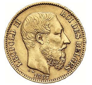 obverse: BELGIO - LEOPOLDO II  (1865-1909)  20 Franchi 1867 