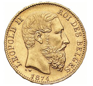 obverse: BELGIO - LEOPOLDO II  (1865-1909)  20 Franchi 1874 