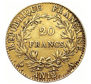 reverse: FRANCIA - NAPOLEONE I, Console  (1799-1804)  20 Franchi An. 12 A, Parigi   Varesi 255   Fr. 480   Au   6,41 g   21,1 mm   BB  