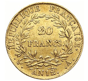 reverse: FRANCIA - NAPOLEONE I, Imperatore  (1804-1814)  20 Franchi An. 12 A, Parigi   Varesi 256   Fr. 487   Au   6,42 g   21,1 mm   BB÷SPL  