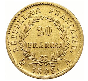 reverse: FRANCIA - NAPOLEONE I, Imperatore  (1804-1814)  20 Franchi 1808 A, Parigi   Varesi 277   Fr. 499   Au   6,45 g   21,1 mm   BB+  